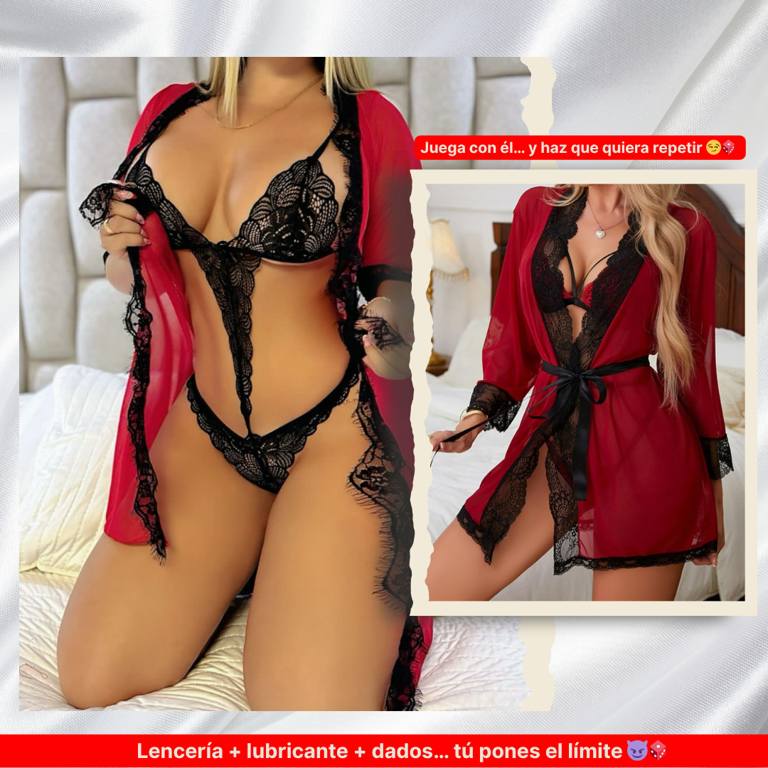Lenceria EVA abraza tu feminidad, Bata Sexy + Conjunto y recibe GRATIS Lubricante + Guía para encender la Pasión