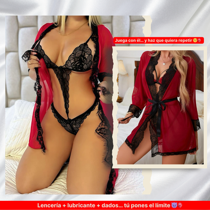 Lenceria EVA abraza tu feminidad, Bata Sexy + Conjunto y recibe GRATIS Lubricante + Guía para encender la Pasión