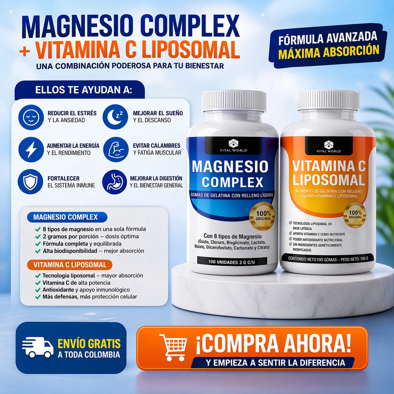 🧬 Bienestar Total: Combo Magnesio + Vitamina C Liposomal + Envío GRATIS 🚀