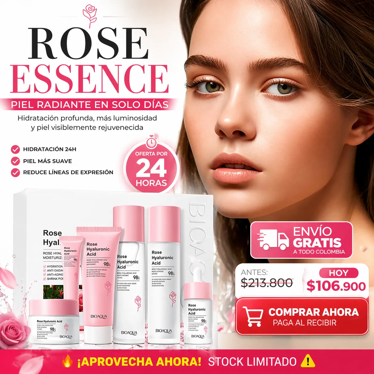 💖 Kit Rose Hyaluronic Acid 6 en 1 + Envío Gratis 🎁 El Regalo Perfecto