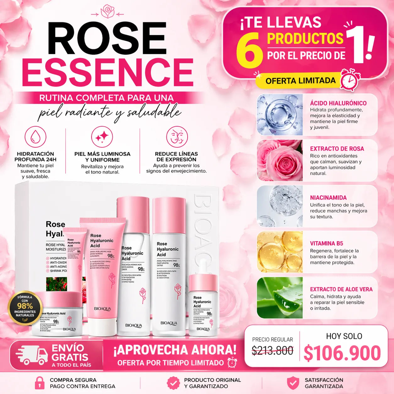 💖 Kit Rose Hyaluronic Acid 6 en 1 + Envío Gratis 🎁 El Regalo Perfecto