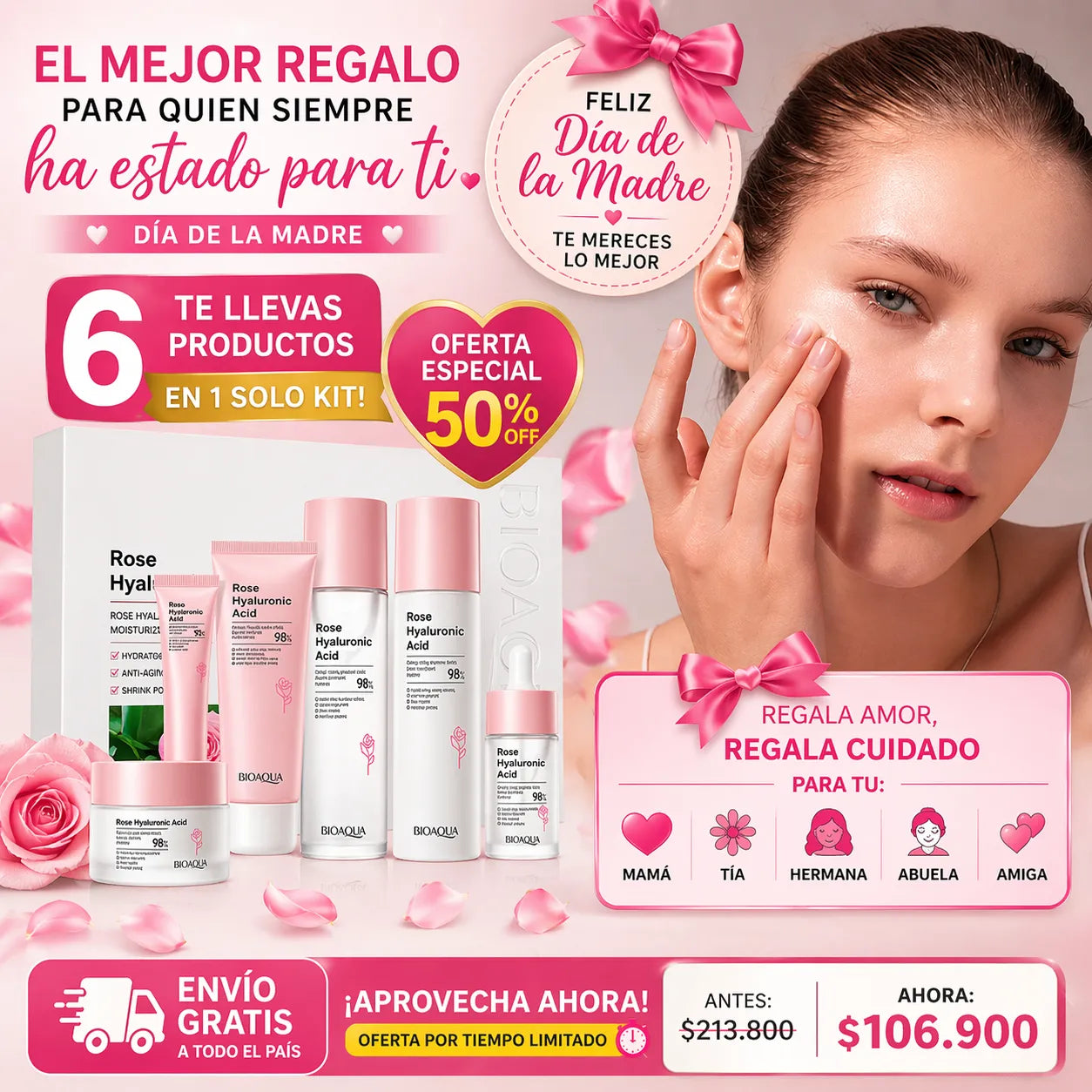 💖 Kit Rose Hyaluronic Acid 6 en 1 + Envío Gratis 🎁 El Regalo Perfecto