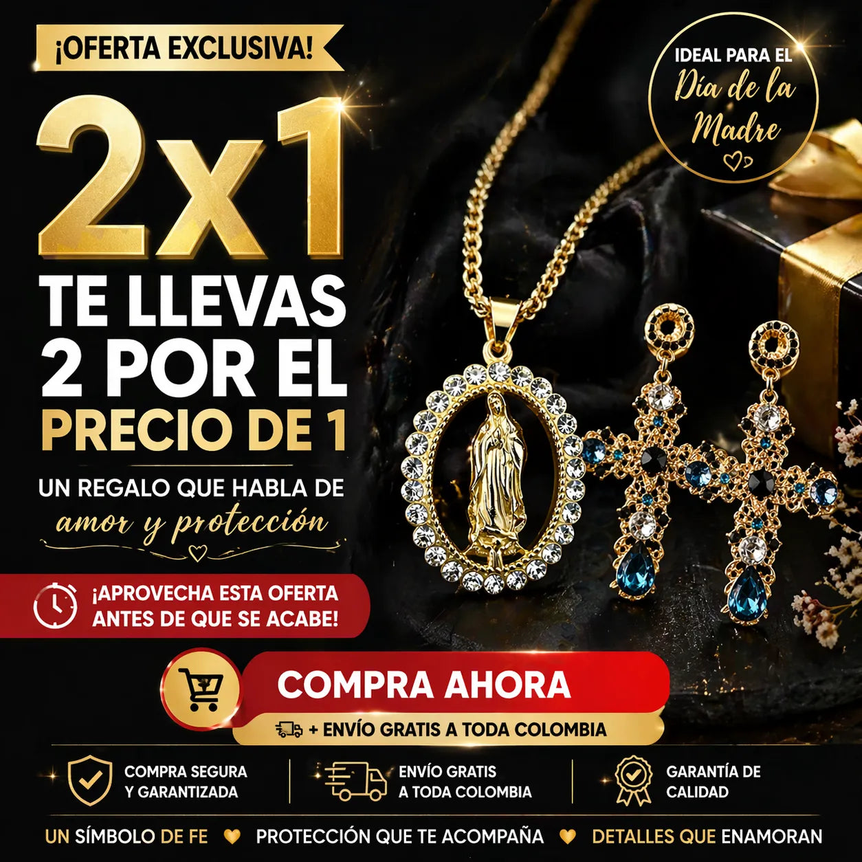 ✨ Combo Collar de la Virgen y Aretes Cruz: El Regalo Perfecto de Amor y Protección ❤️🙏 + ENVIO GRATIS