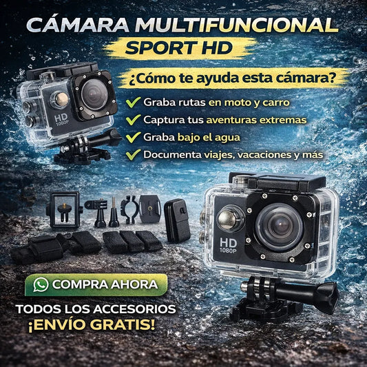 🎥 Cámara Sport HD Multifuncional 💦 Resistente al Agua, perfecta para viajes, moto, aventura, deportes + Envío Gratis 🚚