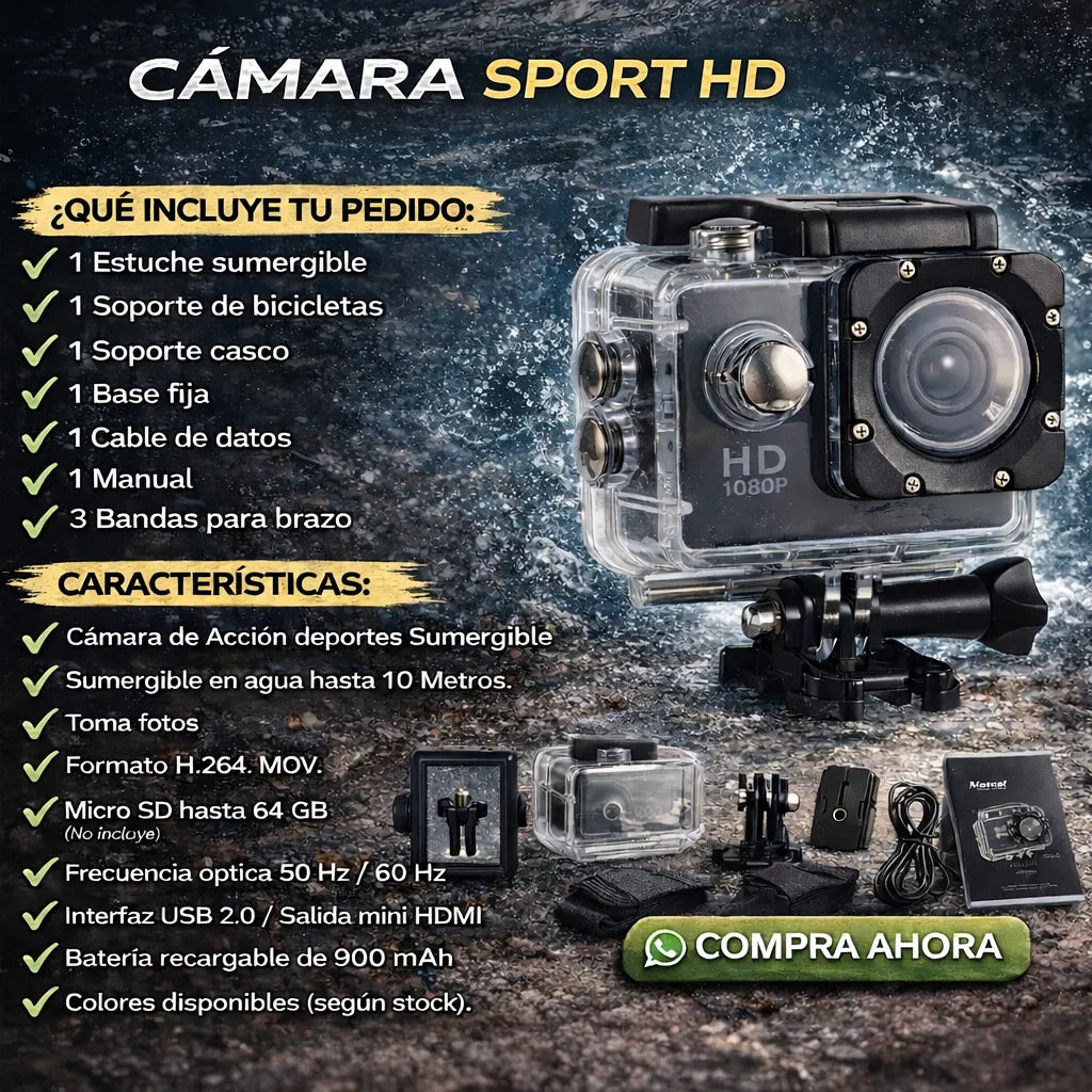 🎥 Cámara Sport HD Multifuncional 💦 Resistente al Agua, perfecta para viajes, moto, aventura, deportes + Envío Gratis 🚚