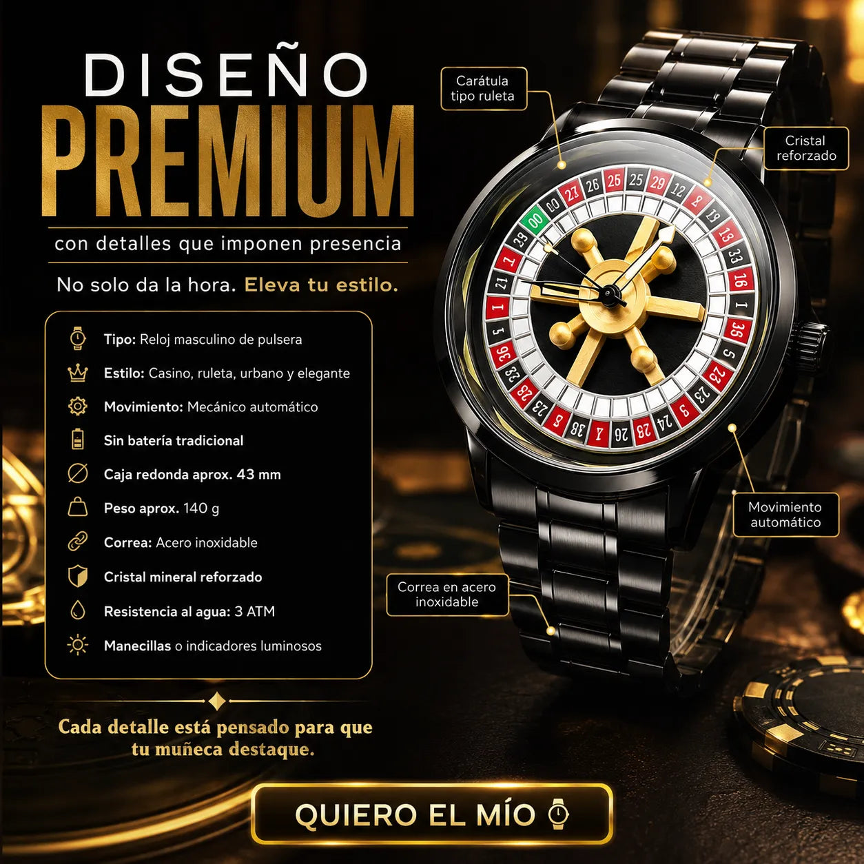 🎰 Reloj Casino Ruleta Premium ⌚ Importado | Envío Gratis 🚚 Caja Incluida 🎁