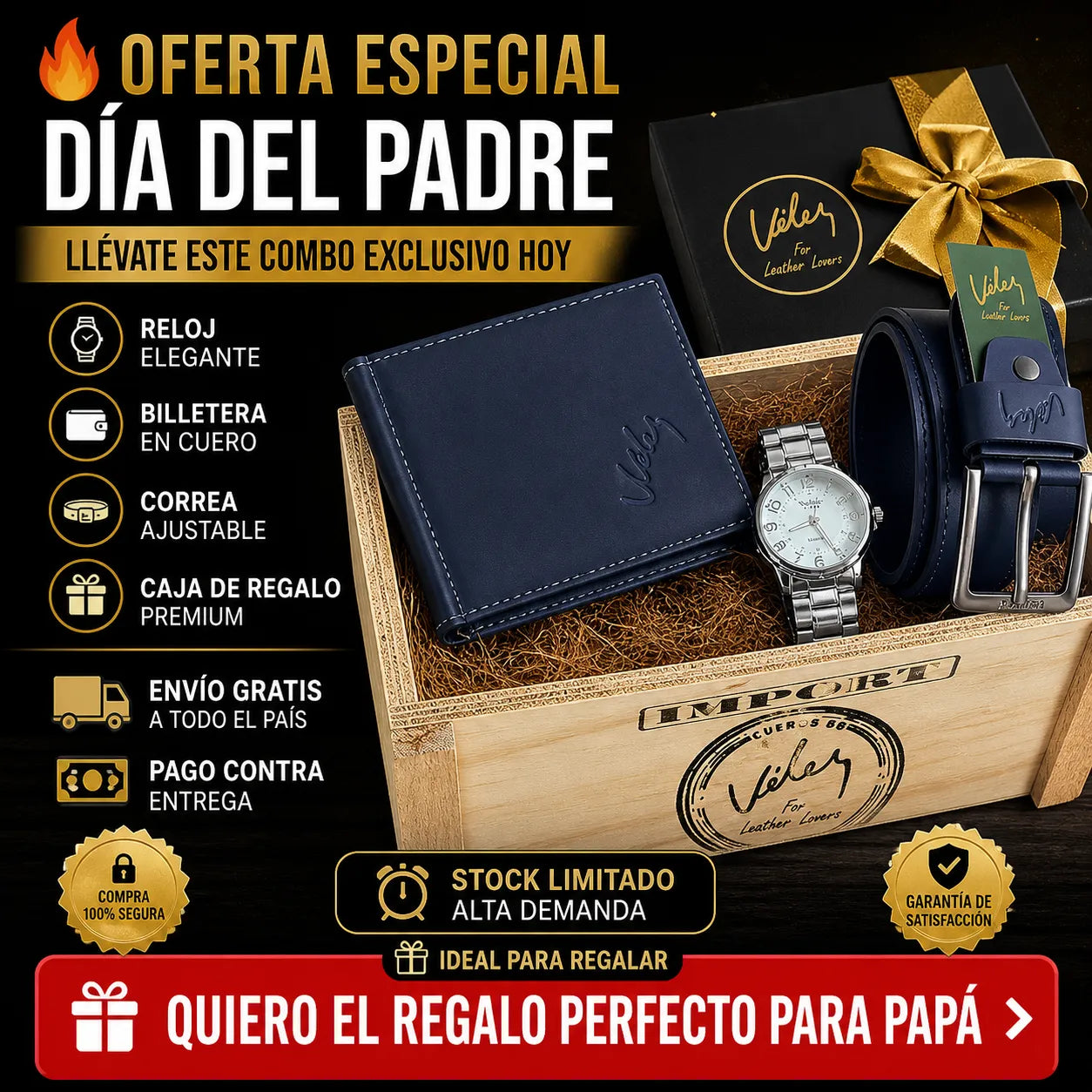 🎁 El Regalo Perfecto para Papá – Trio Vélez 3 en 1 (Reloj + Correa + Billetera + Caja) 💼