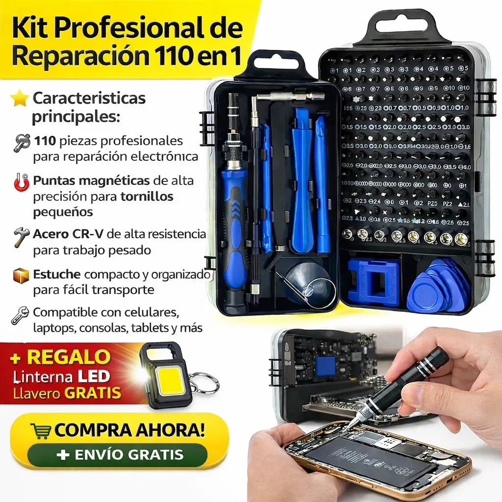 🧰 Kit Profesional de Reparación 110 en 1™ + Linterna LED Llavero GRATIS 🔦