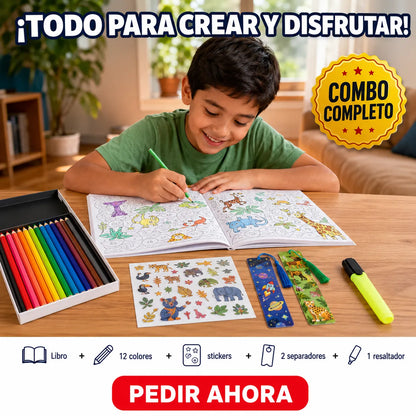 🌈 Combo Mágico Disney para Colorear ✨  Libro + colores + stickers + 2 separadores + resaltador de regalo