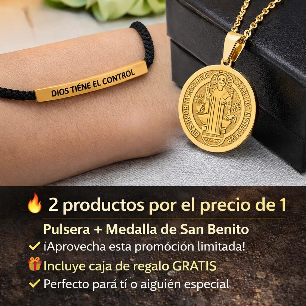 ✨ Pulsera “Dios tiene el control” + Medalla de San Benito 🚚 Envío GRATIS + 2x1 por tiempo limitado