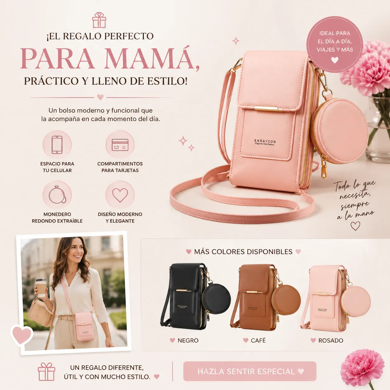 ¡Oferta Especial para Mamá! 2x1 en el Bolso Multifuncional para Celular + Monedero Redondo 🎁