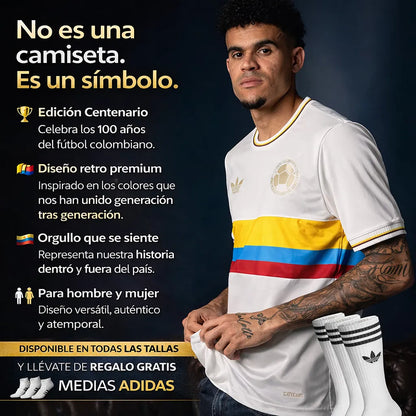 ✨ 100 Años de Orgullo Colombiano 👕 Camiseta Centenario – 🎁 Llévate Medias Adidas GRATIS