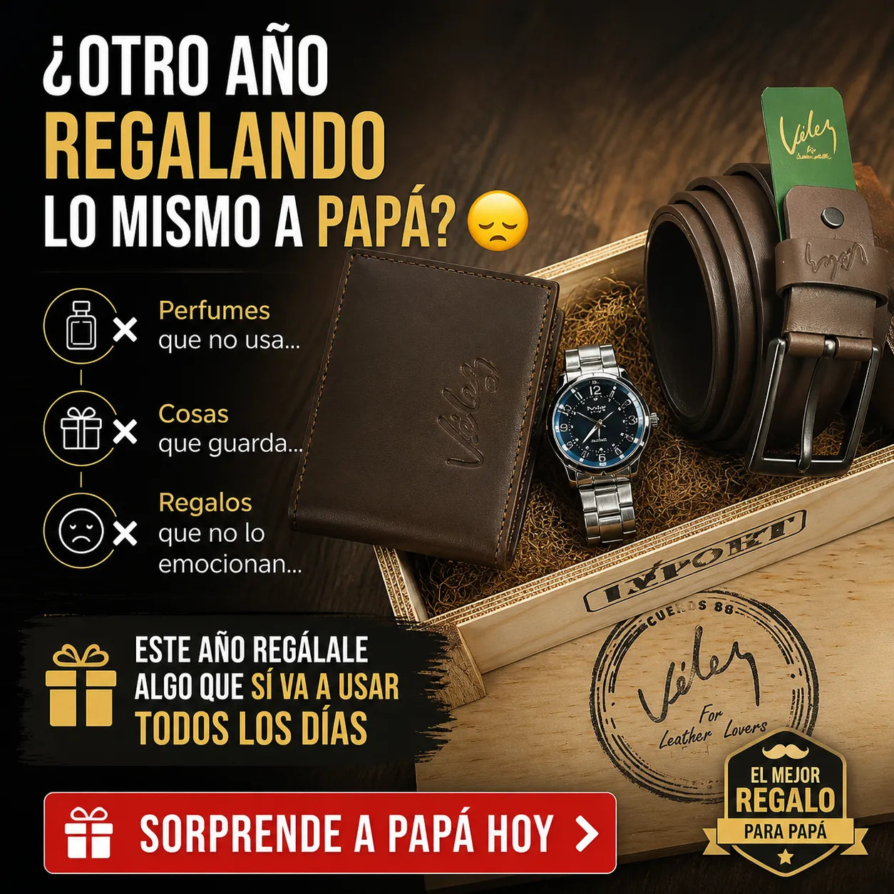 🎁 El Regalo Perfecto para Papá – Trio Vélez 3 en 1 (Reloj + Correa + Billetera + Caja) 💼