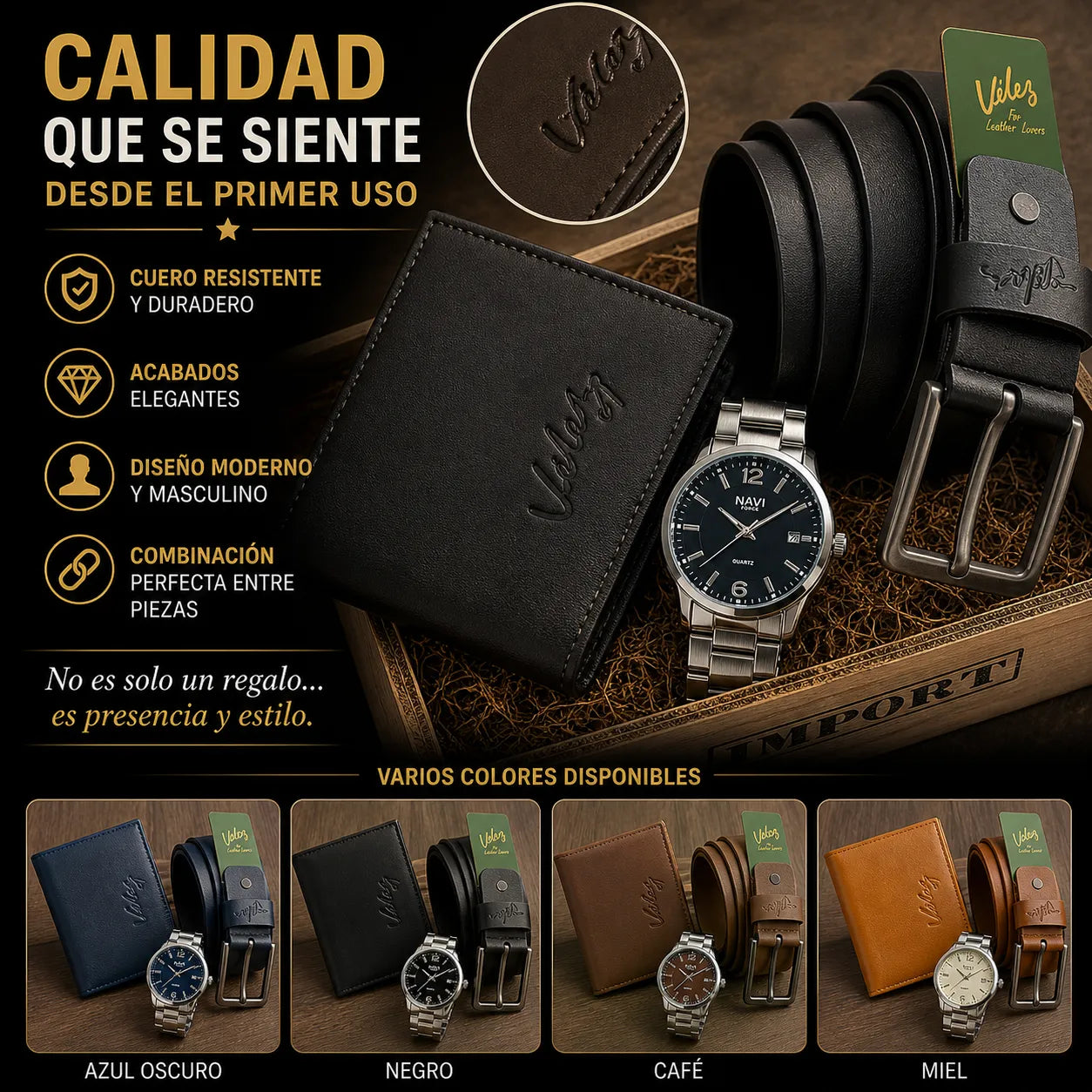 🎁 El Regalo Perfecto para Papá – Trio Vélez 3 en 1 (Reloj + Correa + Billetera + Caja) 💼