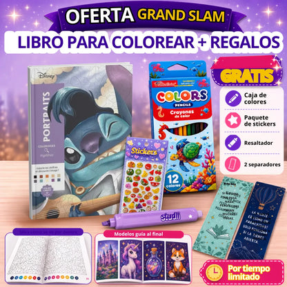 🌈 Combo Mágico Disney para Colorear ✨  Libro + colores + stickers + 2 separadores + resaltador de regalo