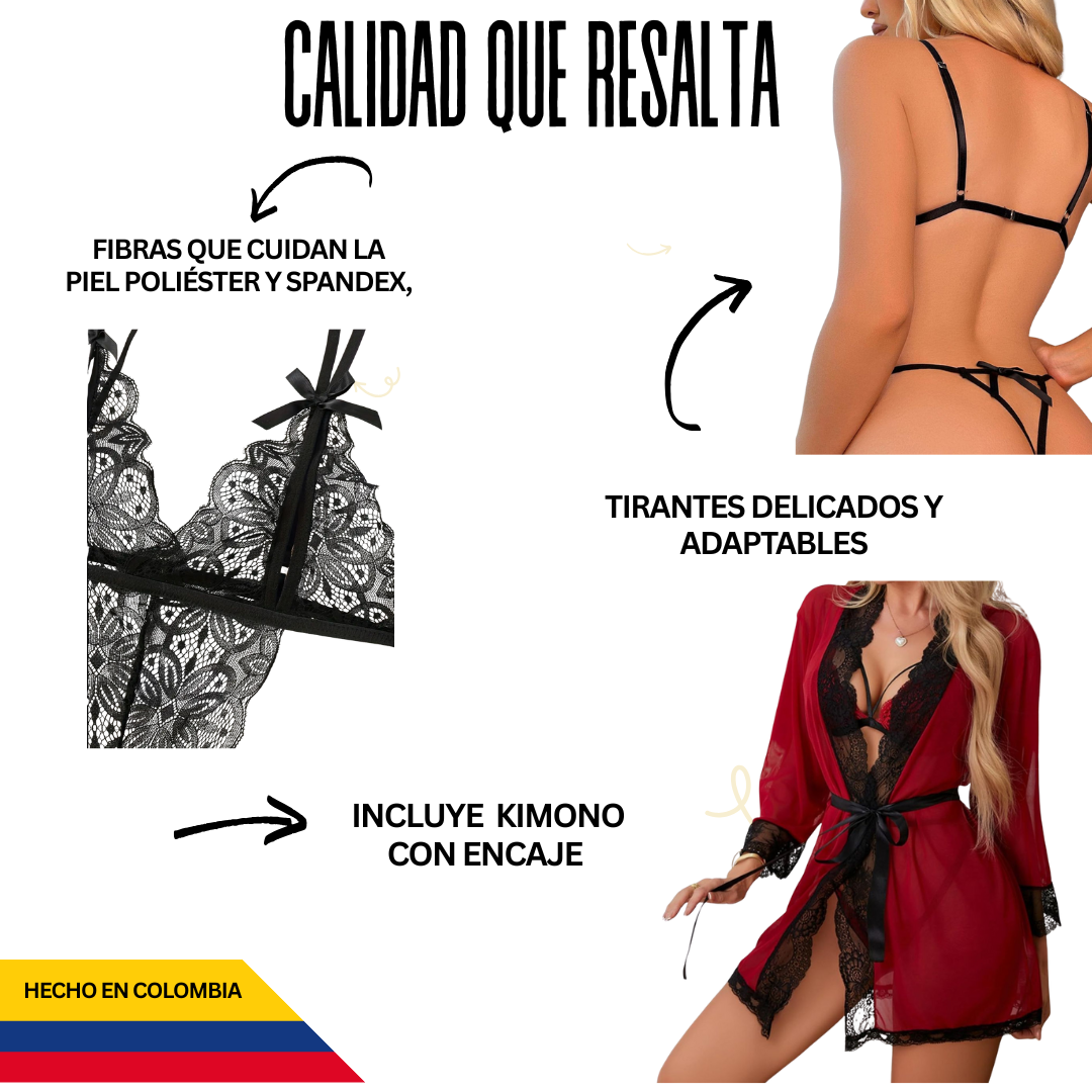 Lenceria EVA abraza tu feminidad, Bata Sexy + Conjunto y recibe GRATIS Lubricante + Guía para encender la Pasión