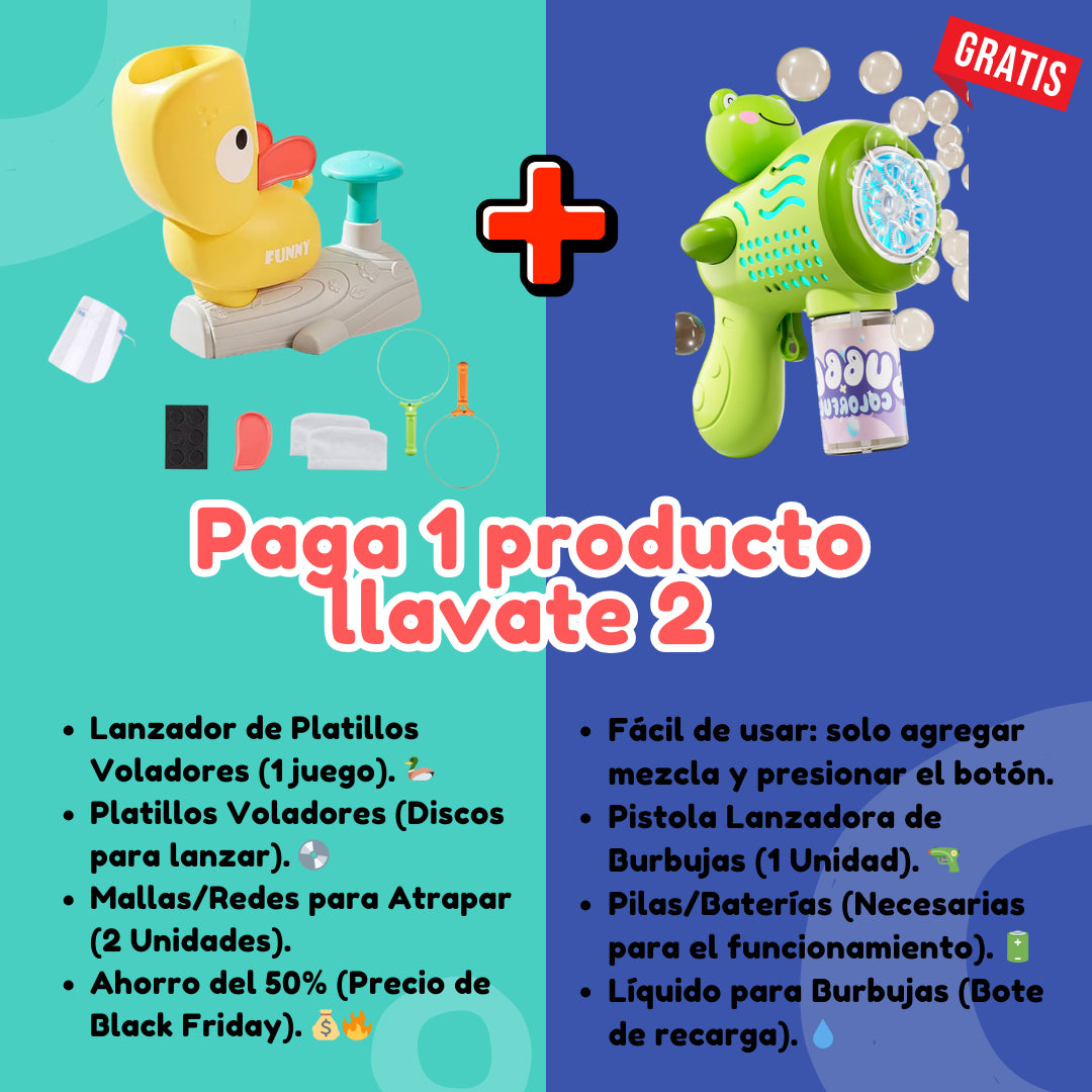 OFERTA ÚNICA 🔥 LLÉVATE UN 2X1: Pato Volador AIR-SPOR + 🎁 ¡REGALO de Pistola de Burbujas! 💧