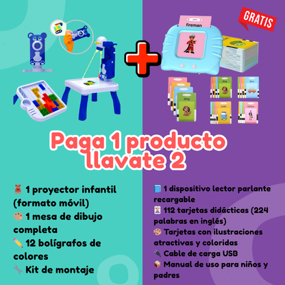 🔥 OFERTA 🧸 Pack Educativo: Mesa de Dibujo con Proyector + Lector de Tarjetas Bilingüe ¡Incluido sin costo!